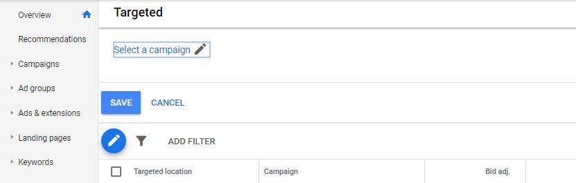 Screenshot of location targeting tab in Google Ads