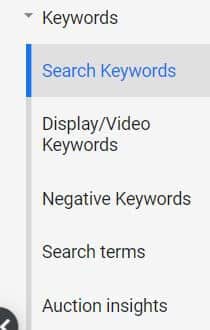 A screenshot of the Google Ads keyword drop down menu with Search Keywords highlighted.