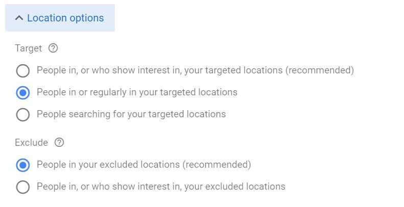 Screenshot of advanced location targeting settings in Google Ads