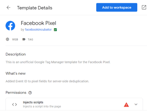 Screenshot of the Facebook Pixel Google Tag Manager Community Template