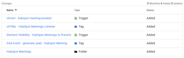 Hubspot Meetings recipe ingredients on GTM Import screen