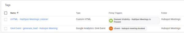 GTM tags created by Hubspot Meetings GTM Recipe